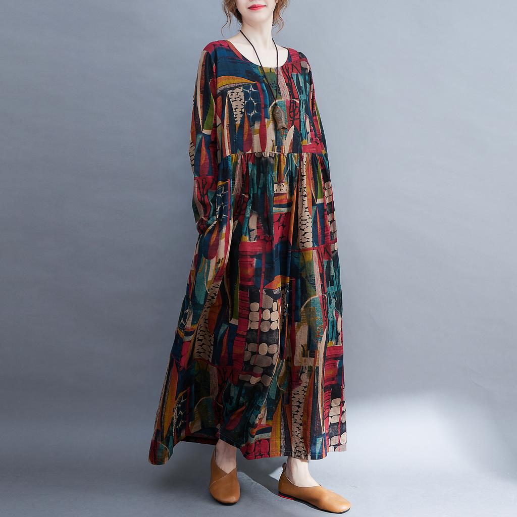 Frauen Lose Vintage Kleid Druck Taschen Langarm O-ansatz Kleid