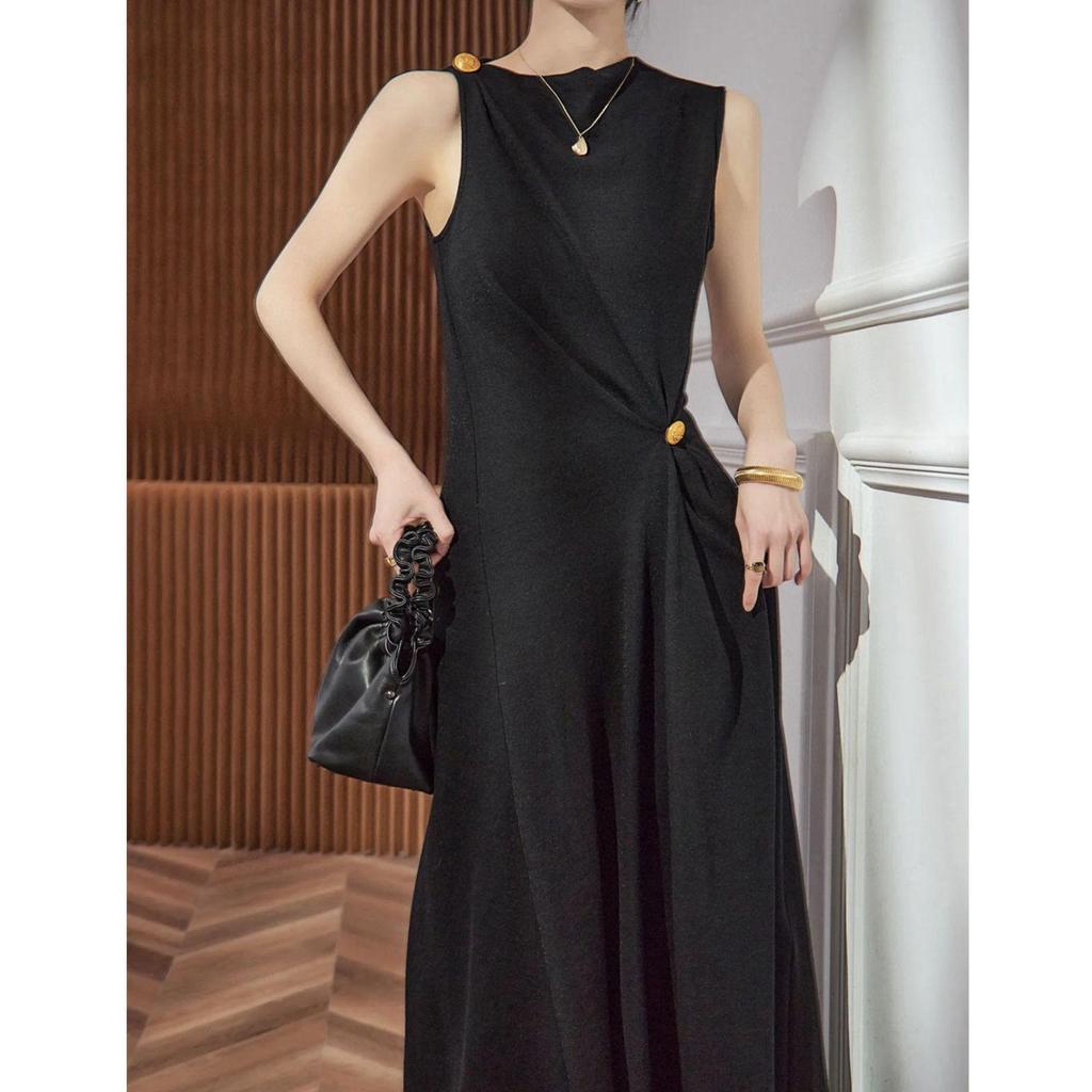 Merino Wool Blend Pleated Slimming Dress with Gold Buttons