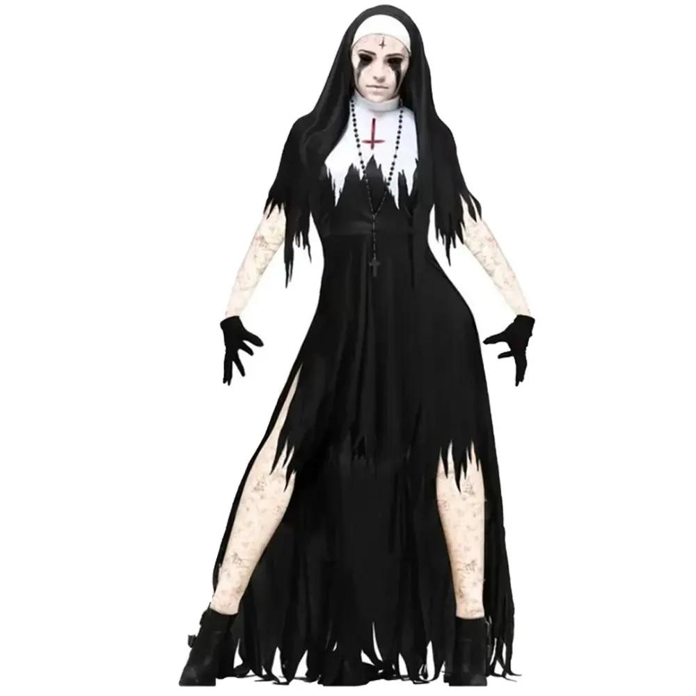 Halloween Adult Nun Dress Set with Headscarf, Retro Nun Cosplay Costume, Makeup, Dance Party, Stage Performance Costume