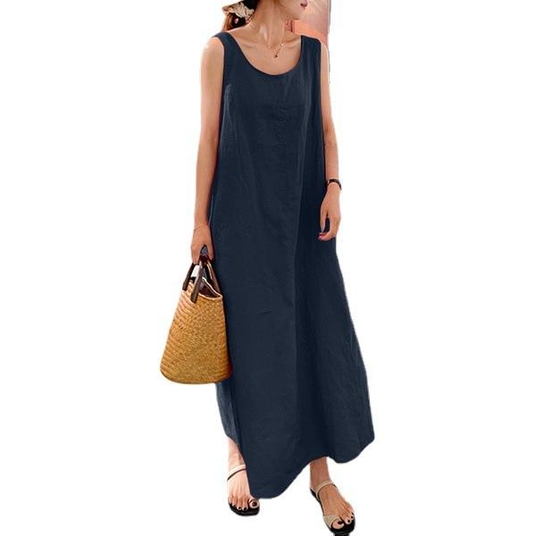 European and American summer new long version suspender simple wind loose pocket round neck temperament sleeveless dress foreign trade wholesale