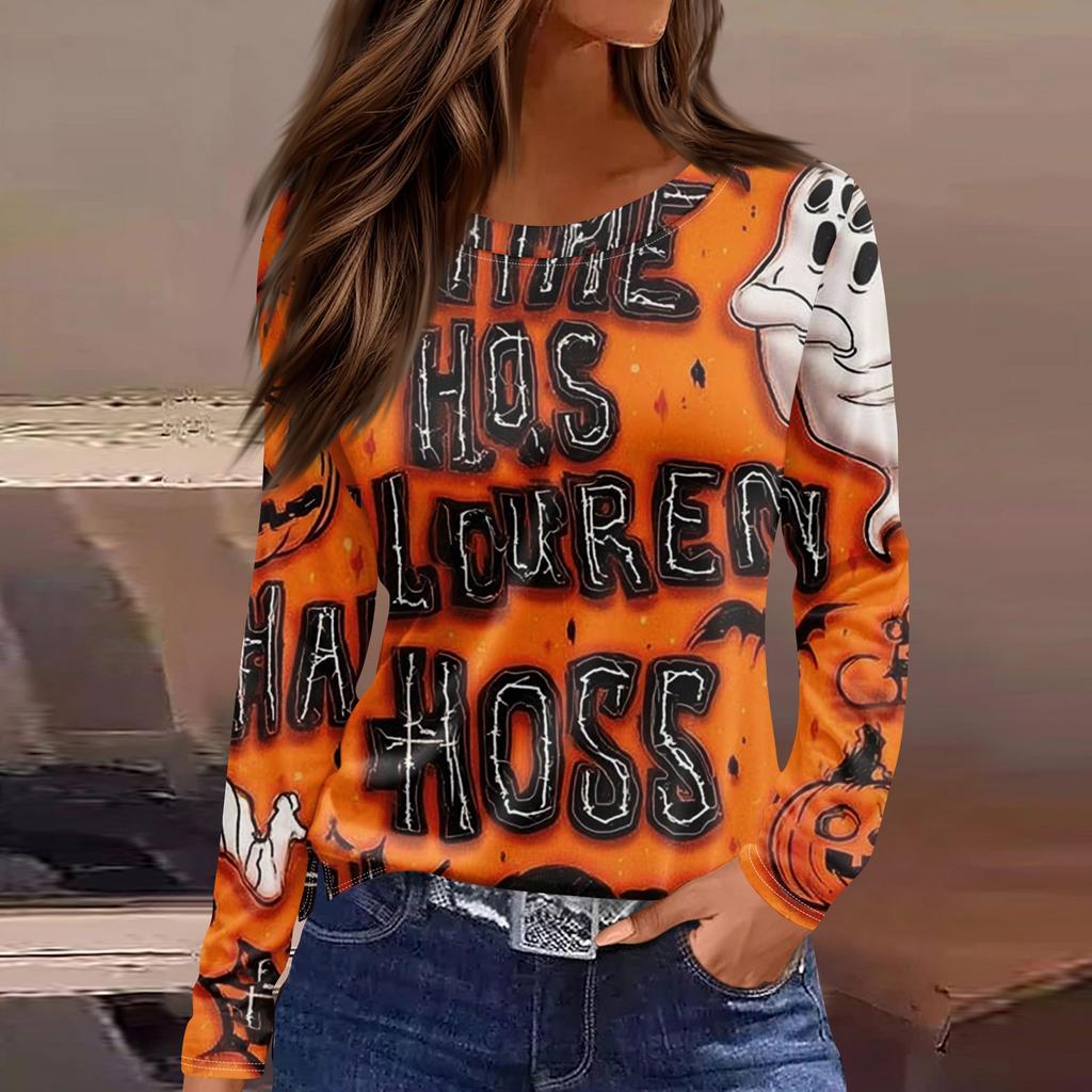 Women's Fashion Hem Slit Casual Halloween Printed Round Neck Long Sleeve Top