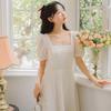 Hepburn style square neck dress women's summer new French temperament bubble sleeves white skirt Mori look thin