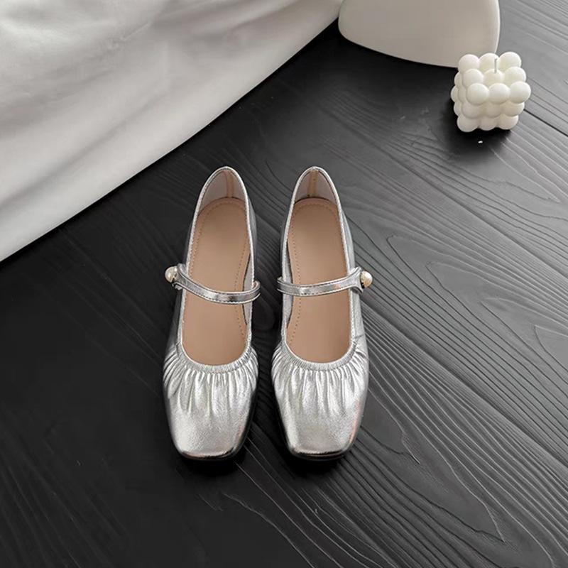 Square Head Silver Single Shoes Women's New Summer Skirt Temperament Low Heel Light Mouth Mary Jane Small Leather Shoes