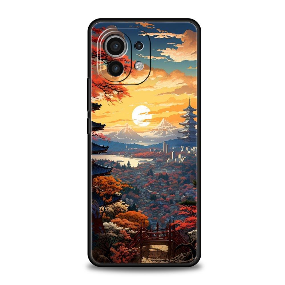 Phone Case For Xiaomi Mi 14 13 12 11 Lite 13T 12T 11x 11T 10T Pro 9T Note 10 Lite Soft Silicone Black Cover Japanese Landscape