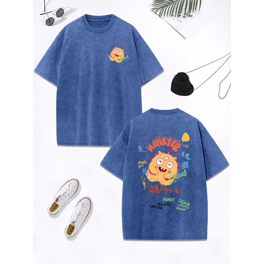 Cute Yellow Plush Little Monster Printing Washed T-Shirt Women Cotton Oversized Tops Distressed O-Neck T Shirt Clothes