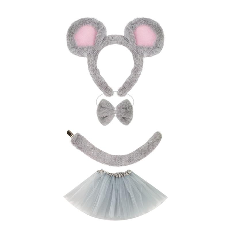 Set di Accessori Costume da Topo 1/3/4 Pezzi Costume di Halloween Costume da Vestire Orecchie da Topo Fascia Coda Gonna Tutù per Bambini Bambine