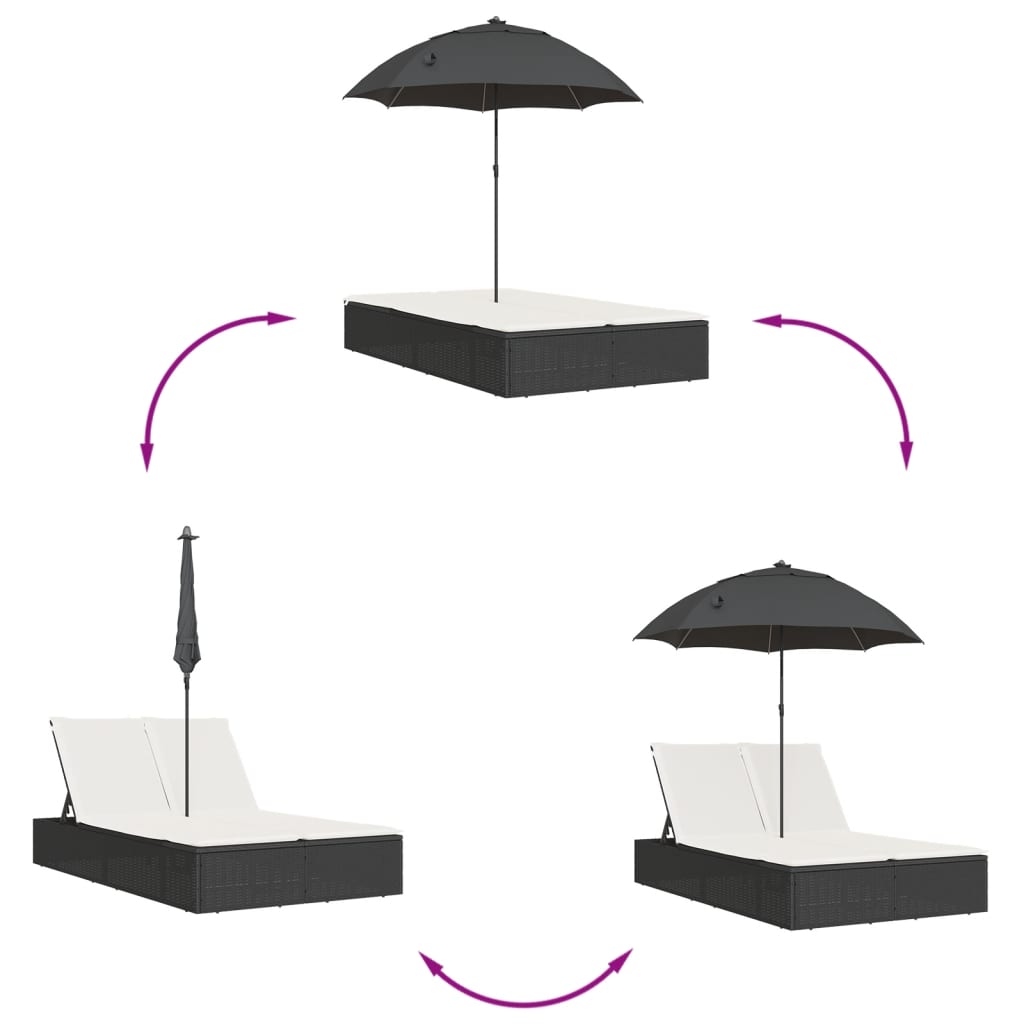 Double Sun Lounger with Cushions & Sun Umbrella Black Poly Rattan