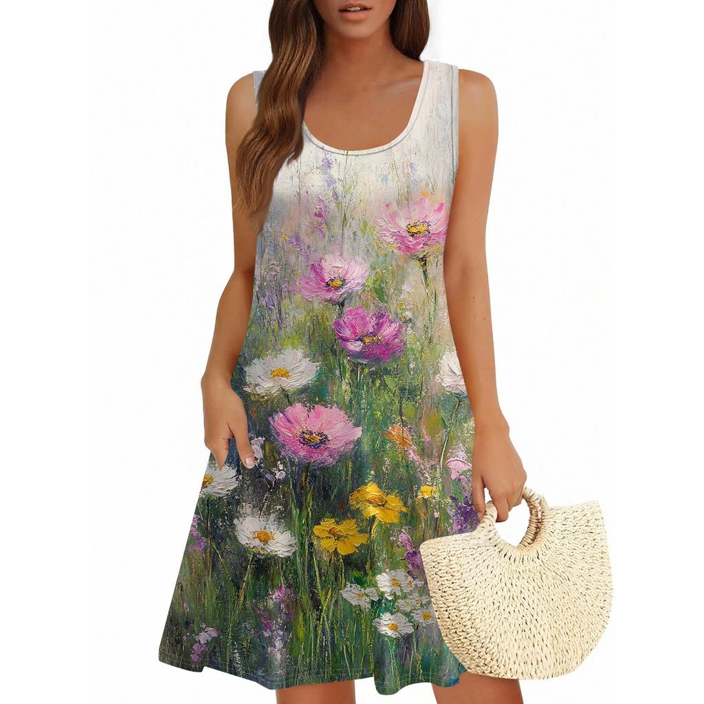 Damen Sommerkleid, lässig, quadratischer Ausschnitt, Blumendruck, ärmellos, mit Taschen