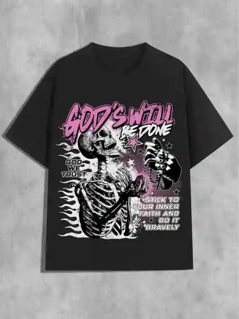 Unisex Y2K Skull Graphic TShirt Gods Will Design Round Neck Short Sleeve