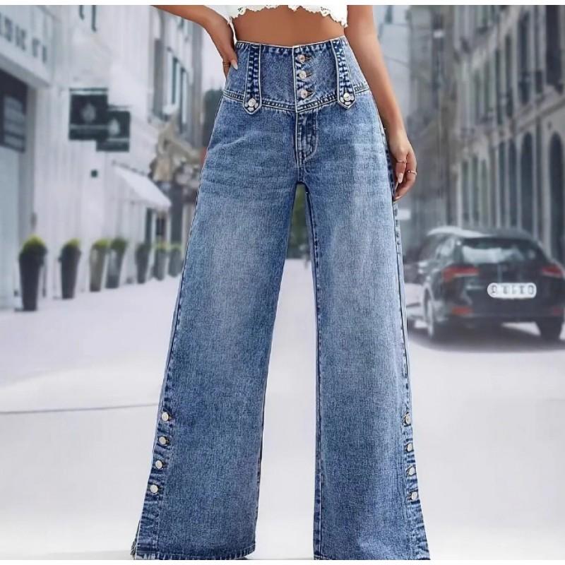 High Waist Wide Leg Denim Pants Women With Vintage Button Detail Relaxed Fit Stretchy Cotton Blend