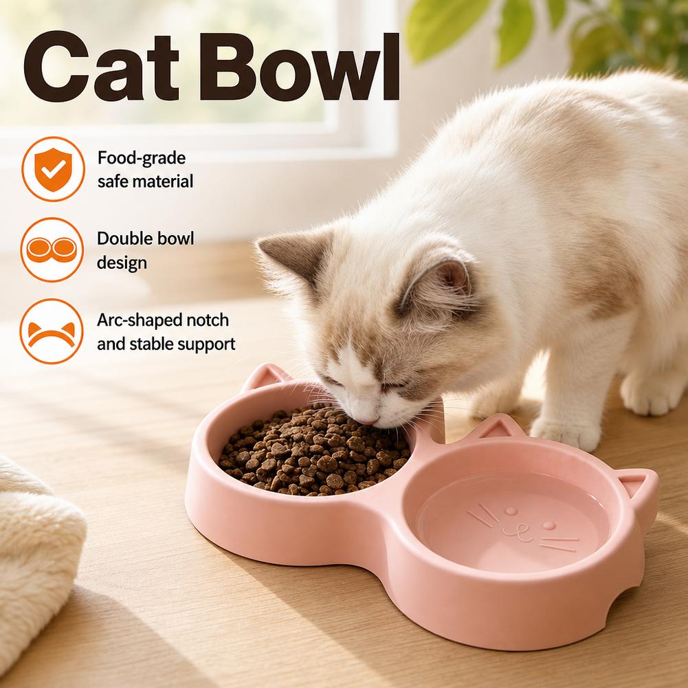 Pet Cat Double Bowl Material Non-Slip Puppy Cat Food Water Feeding Bowl Cute Cartoon Face Durable Dish
