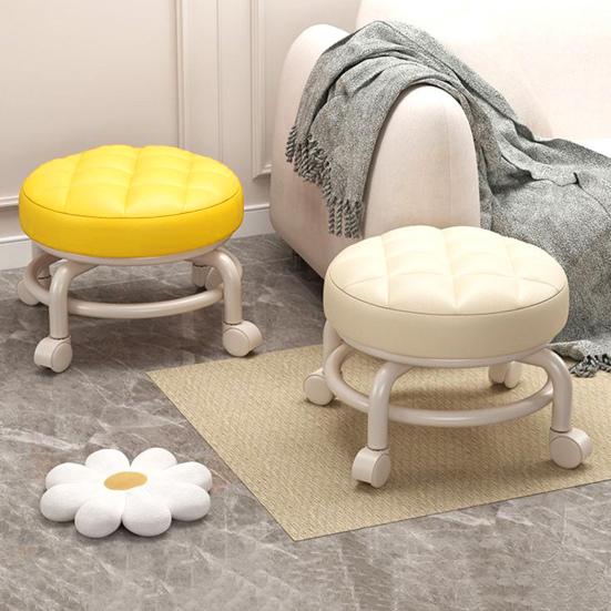 Low Height Rolling Stool with 360 Degrees Wheels Faux Leather Sponge Filled Cushion Modern Home Office Shop Round Roller Stool Seat Chair