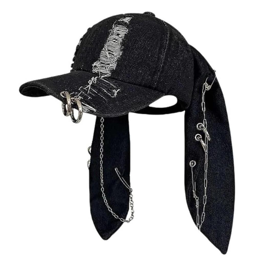 1PCS Distressed Design Baseball Caps Gothic Y2K Grunge Style Baseball Cap with Bunny Hat Chains for Men Women Fashion Decoration