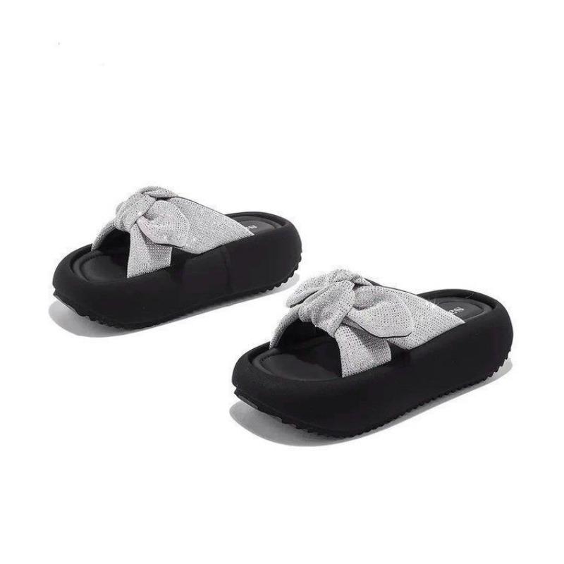 Rhinestone Bow One-word Drag Women's Summer New Wear Versatile Sandals Thick-bottomed Beach Slippers