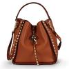 Women's Retro Rivet Cowhide Bucket Bag with Leopard Head Design