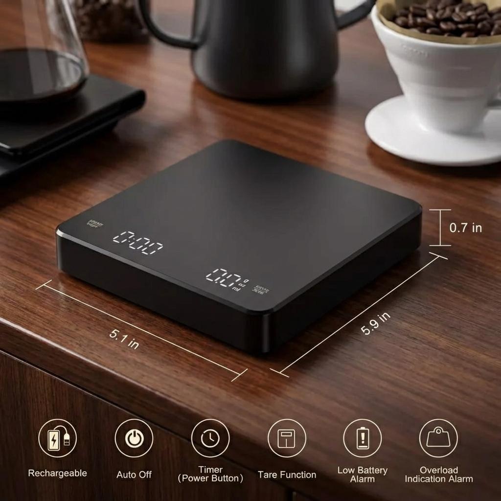 USB Digital Coffee Scale Rechargeable LED Screen 0.1g High Accuracy Kitchen Espresso Brewing Measuring Timer Scale