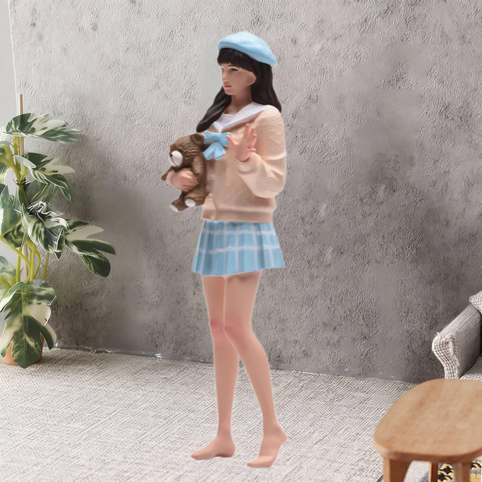 1/18 Scale Long Hair Girl Model Hugging Bear Role Play Realistic Dioramas 3D Character for