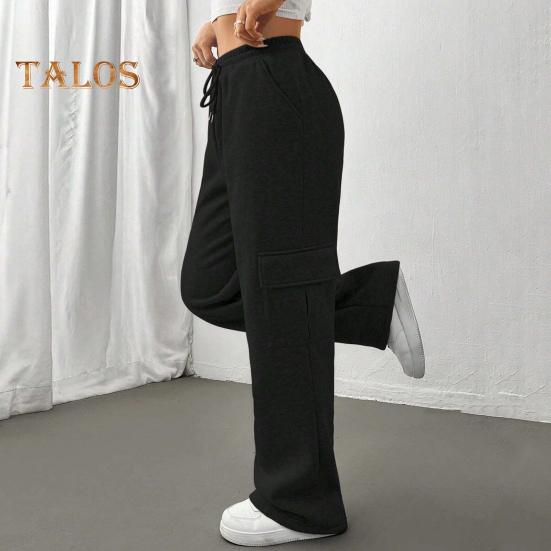 Pantaloni cargo pentru femei, cu talie elastică, cu șnur ajustabil, pantaloni drepti, cu picioare largi, pantaloni lungi sport de culoare solidă