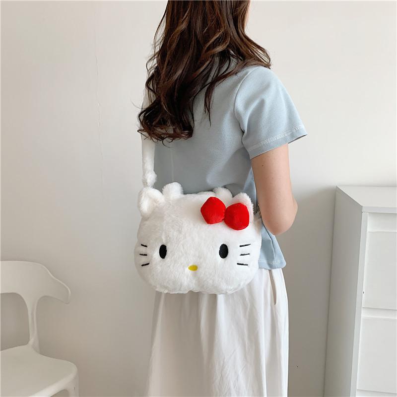 Loopy Hello Kitty Stitch Cartoon Plush Soft Round Bag With Zipper Closure For Daily Use