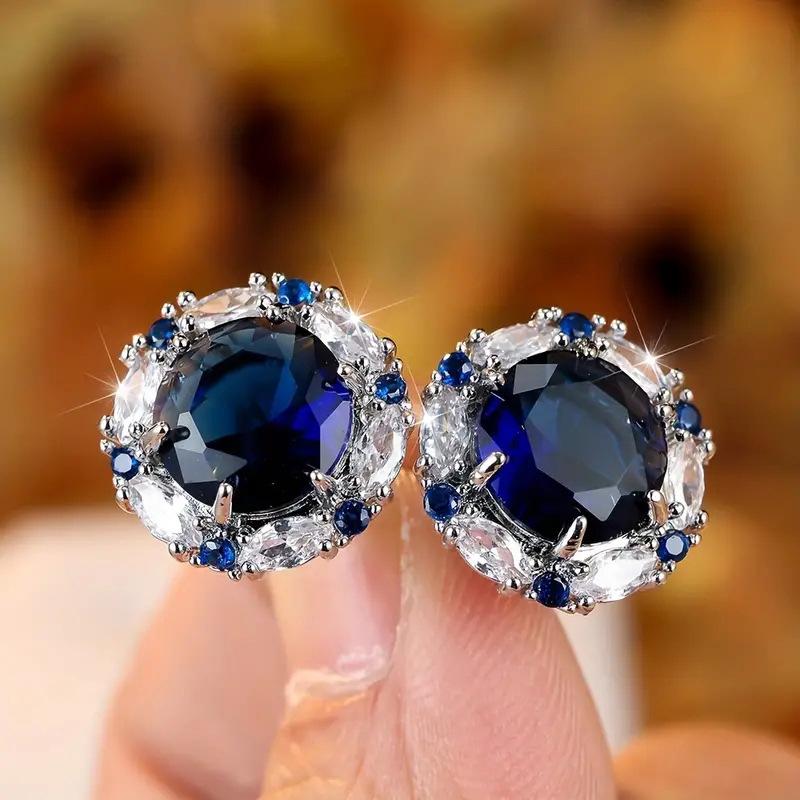 High-End Fashion Zircon Round Stud Earrings, Luxury Zircon Crystal Women'S Earrings, Jewelry Versatile Women'S Earrings