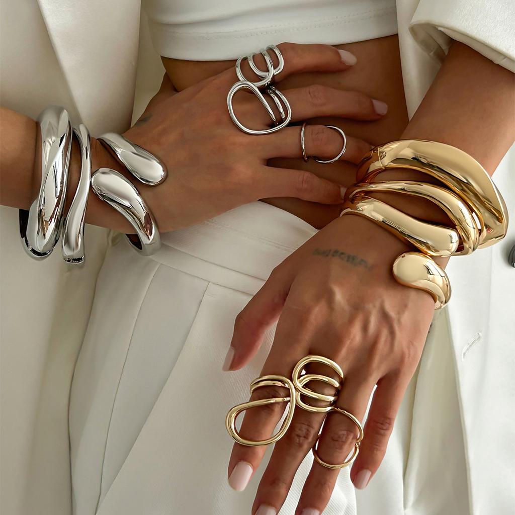 Ingemark 4 Styles Punk Smooth Water Drop Spring Bangles for Women Vintage Gold Color Geometric Bracelets Party Men Jewelry Gift