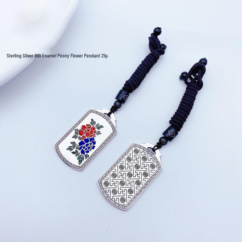 Cloisonné Sterling Silver 999 Enamel Peony Pendant for Men and Women