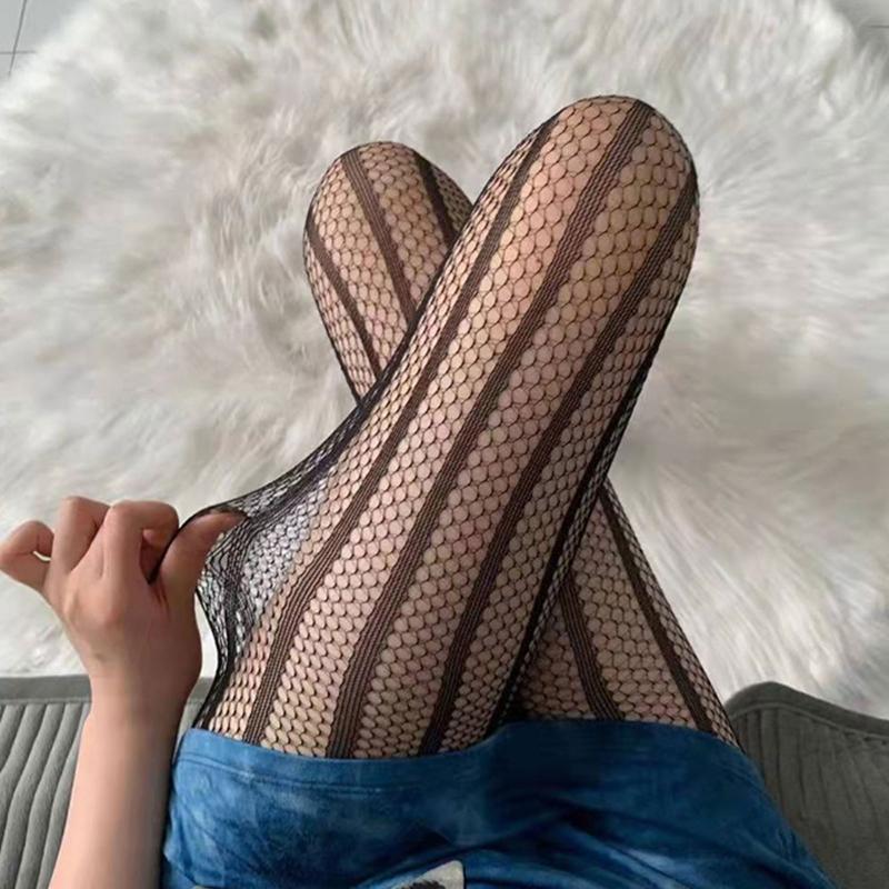 Vertical Striped Jacquard Tights Women Black See Through Mesh Pantyhose Clubwear