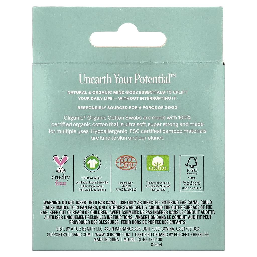 Cliganic, Organic Cotton Swabs, 100 Count