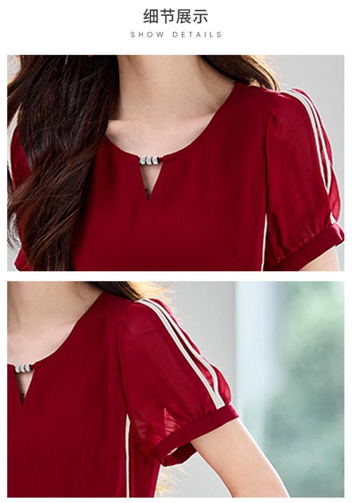 Elegant and Sophisticated Summer New Contrasting Color Waist Slimming Short Sleeved Casual Western-style Mid Length Dress Mid Length Skirt