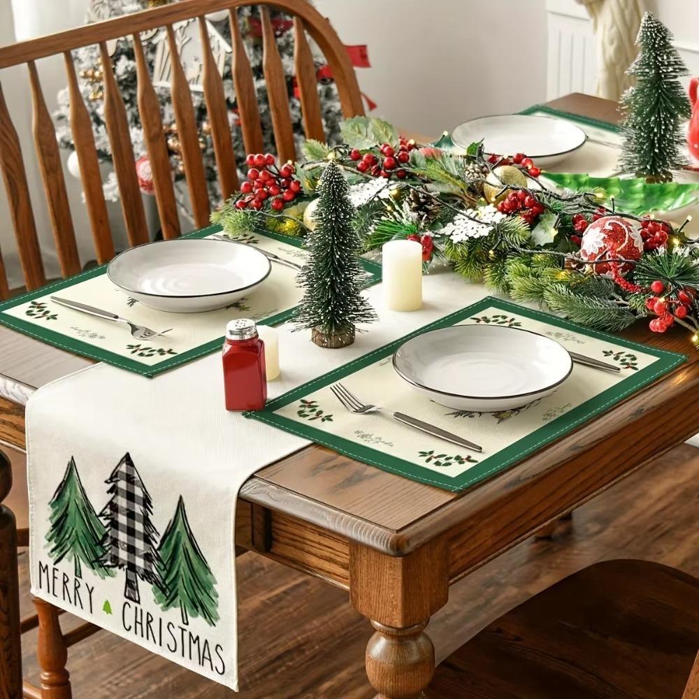 4PCS Linen-like Christmas Tree Placemats Anti-slip Tableware Insulated Mats New Year