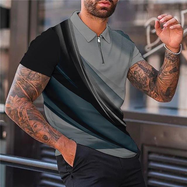Trendy Short Sleeve Zip Polo Shirt, Casual Modern Top for Men