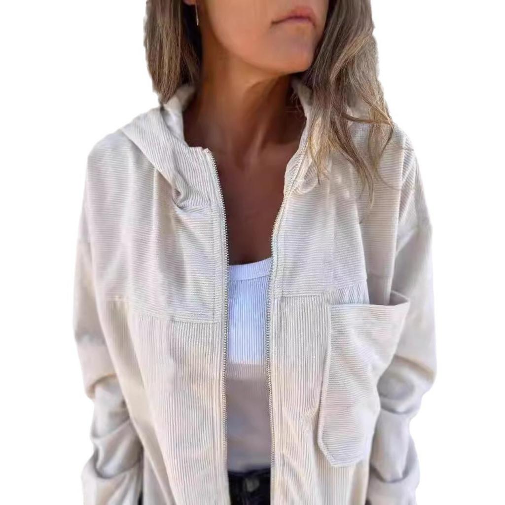 2025 New Women's Solid Color Corduroy Hooded Jacket Fashion Casual Long Sleeve Outerwear for Autumn Winter