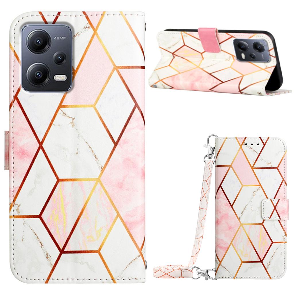 For Xiaomi Redmi Note 12 5G (China)/(Global)/Poco X5 5G Leather Case with Shoulder Strap Marble Pattern Phone Cover
