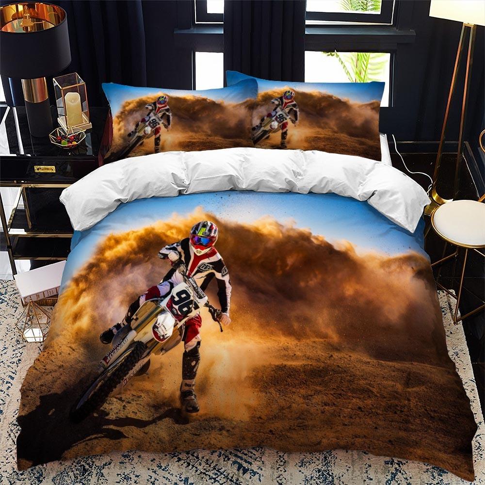 Luxury Bedding Set Motorcycle Fire Print Duvet Cover Set with Pillowcase Motocross Bedspread Boy's Bed Set