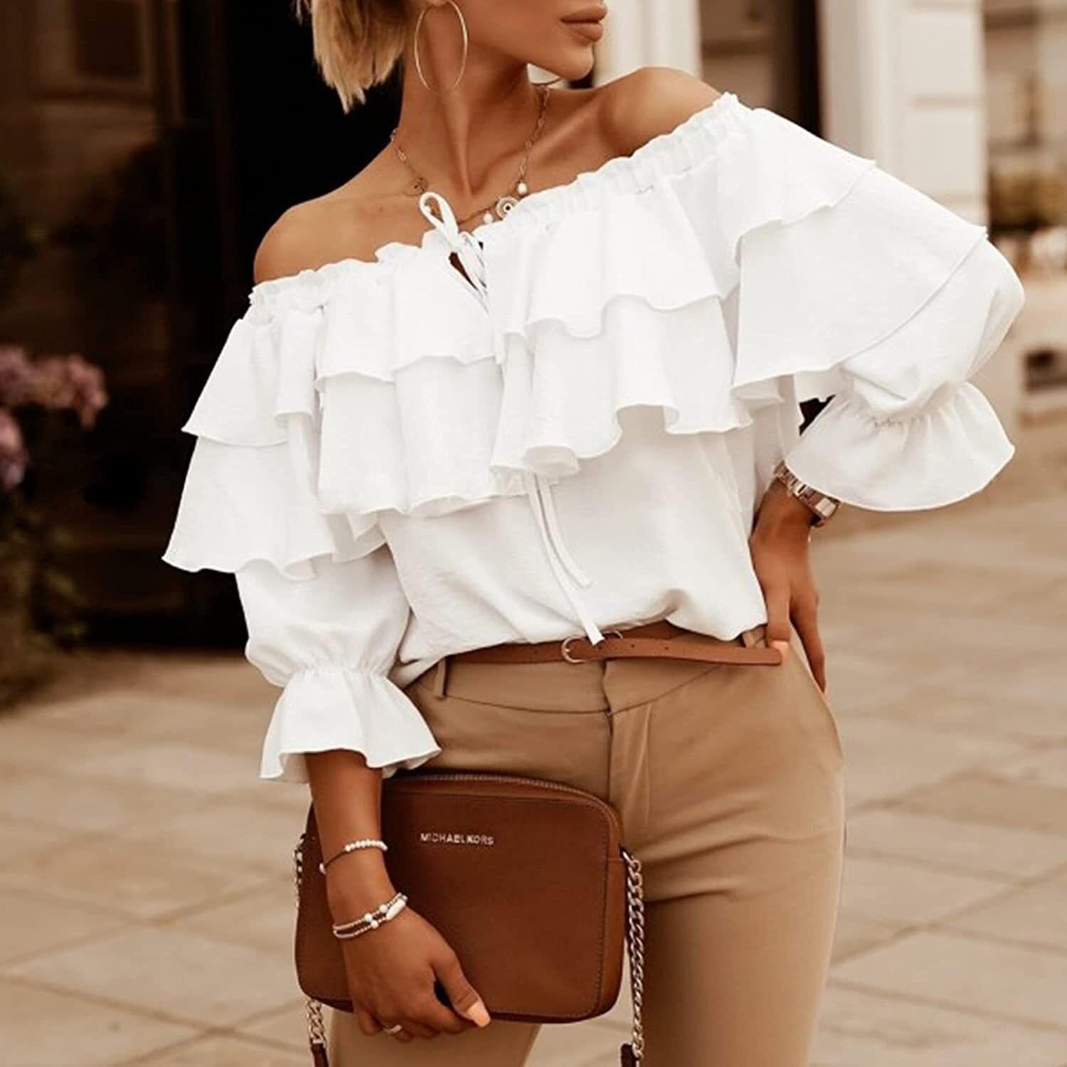 

Women s Casual Elastic Shoulder Straps Pleated Torticol Ruffled Sleeve Shirt XXL білий