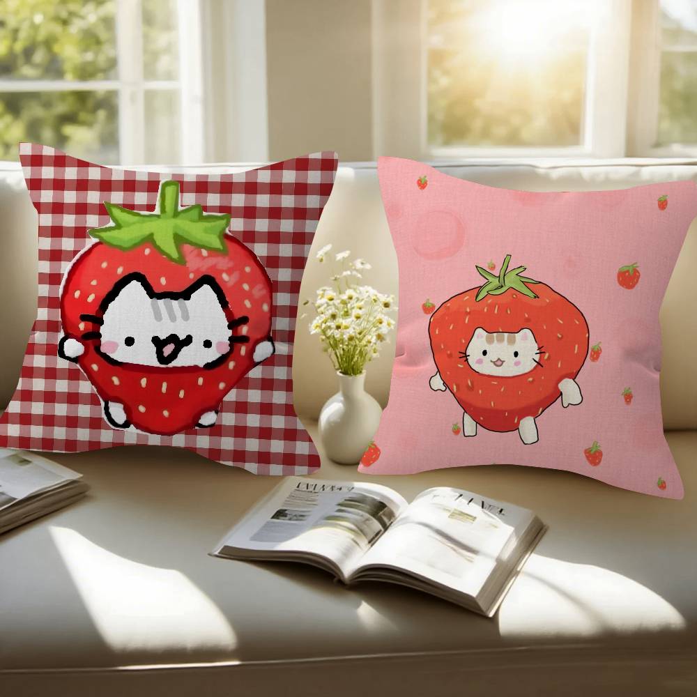 Cute Strawberry Cat   Personalized Pillow Cover Kids Bedroom Wild Party Decor Pillowcase kid Birthday shower Gift