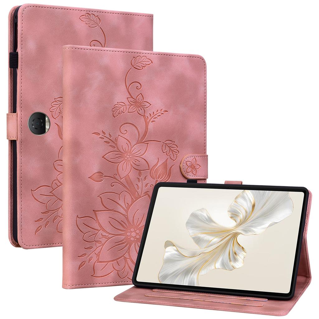 For Honor Pad 9 Case with Card Slots Lily Flower Imprint Leather Stand Tablet Cover
