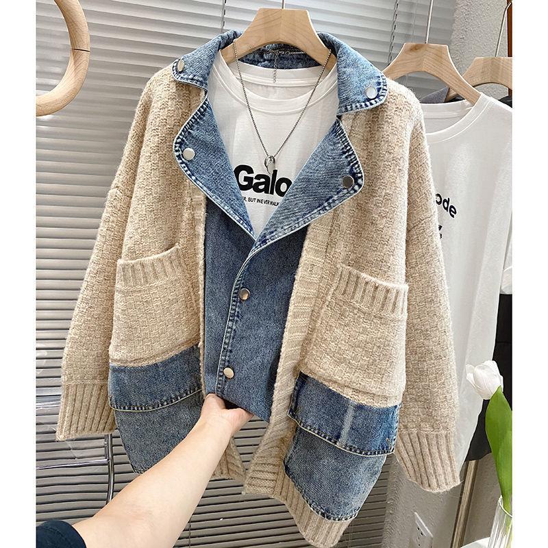Fashion Casual Denim Spliced Long Sleeve Knitted Cardigan Loose Thick Women Sweater Coats Winter Autumn