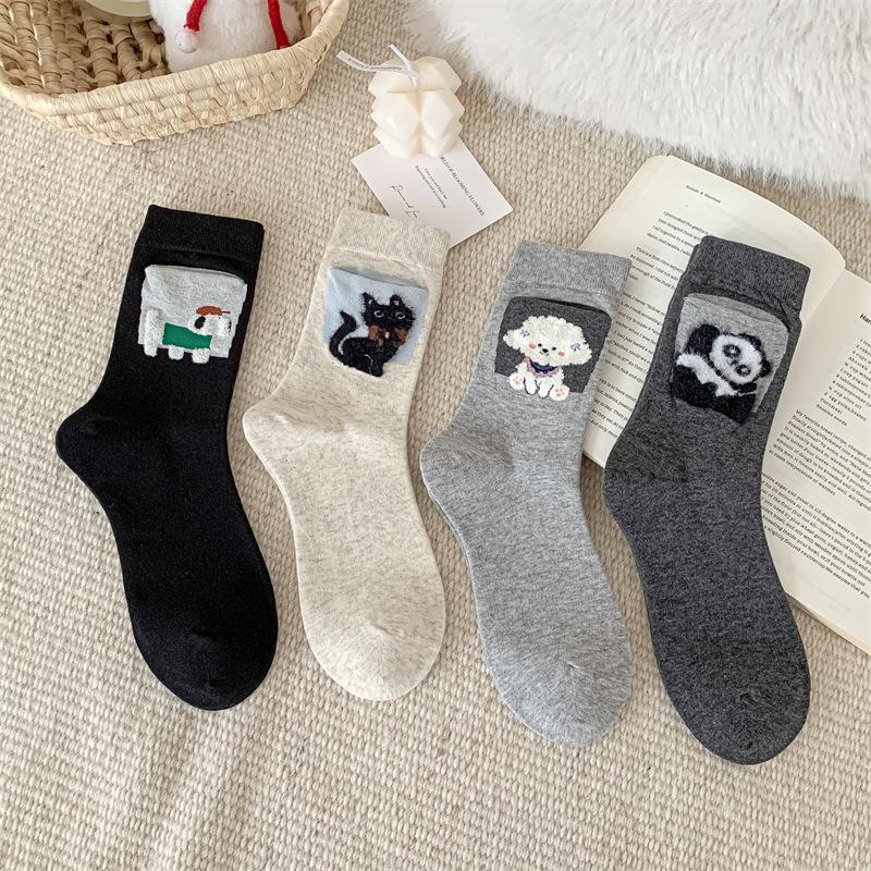 Cartoon Pocket Socks for Girls, Cute Little Cats and Dogs, Trendy Mid-calf Socks, Personalized Animal Flocked Pile Socks