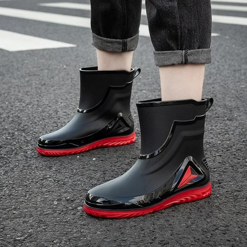 High Quality Rain Boots for Men, Drawstring Waterproof Shoes, Mid-length Anti-slip Rain Boots, Plus Fleece Rubber Boots for Work