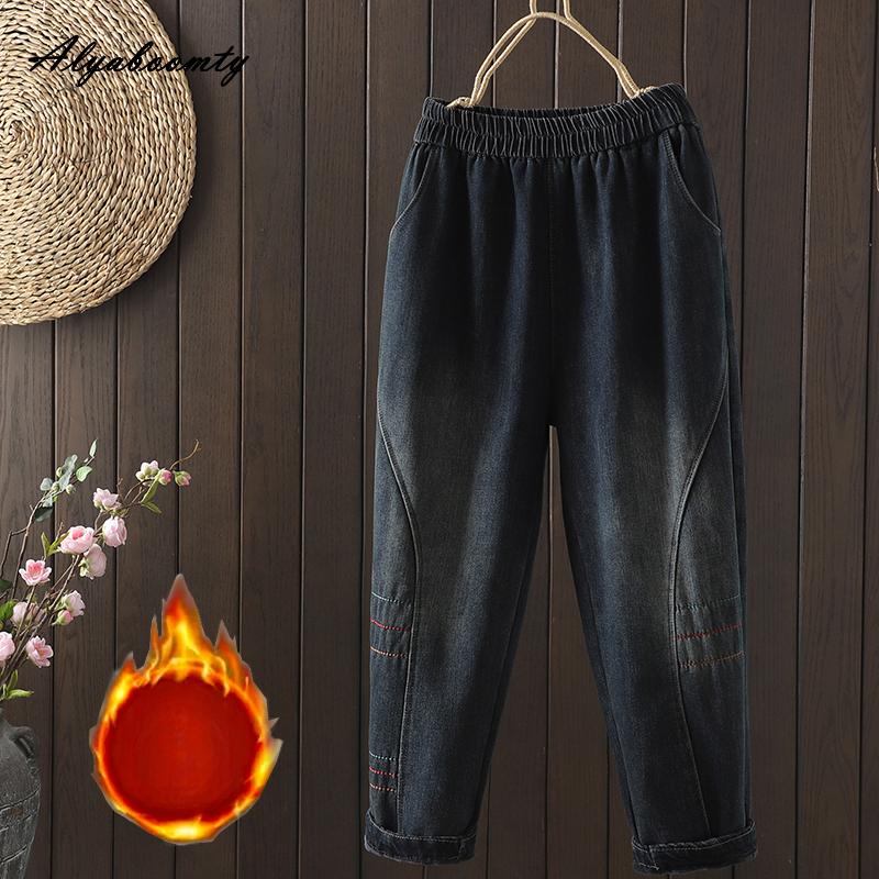 

Осенне-зимние женские теплые базовые джинсы-шаровары с высокой талией, повседневные свободные брюки из стираного хлопка, винтажные однотонные флисовые универсальные джинсы M