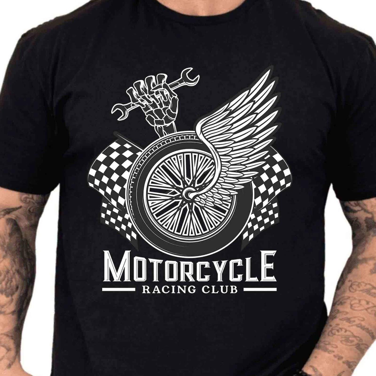 Motorcycle Racing Club Wheel Wings Skeleton Wrench Checkered Flag Graphic Tee. XS