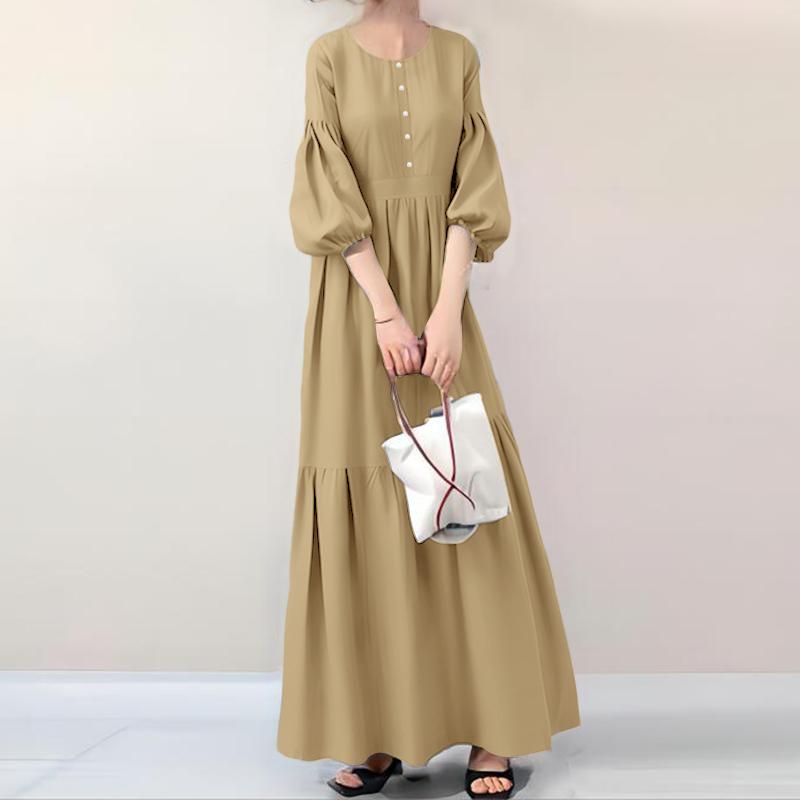 

ZANZEA Женское повседневное длинное платье с круглым вырезом и рукавами 3/4, однотонное 5XL хаки