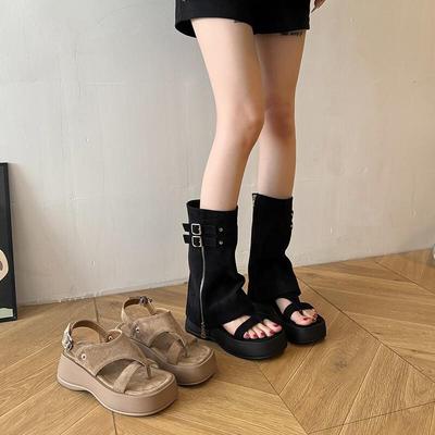 2025 Women's Black Platform Closed-Toe Sandals: Summer Height-Boosting Short Boot Sandal Pair for Skirts