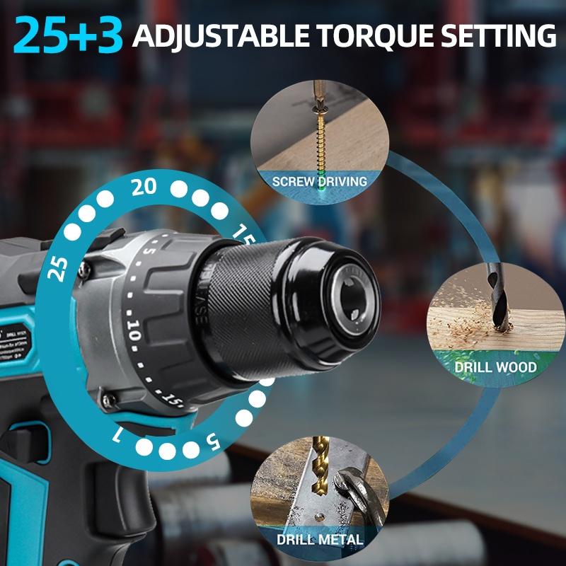 Blue Brushless Electric Impact Drill 25+3 Torque 65N.m 13mm Screwdriver Auxiliary Handle with Li-ion Battery for 18V Battery