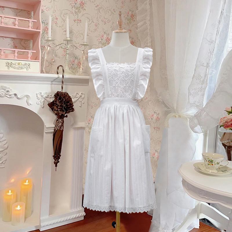 White lace apron gardener florist anti-fouling apron literary retro fashion white One size fits all