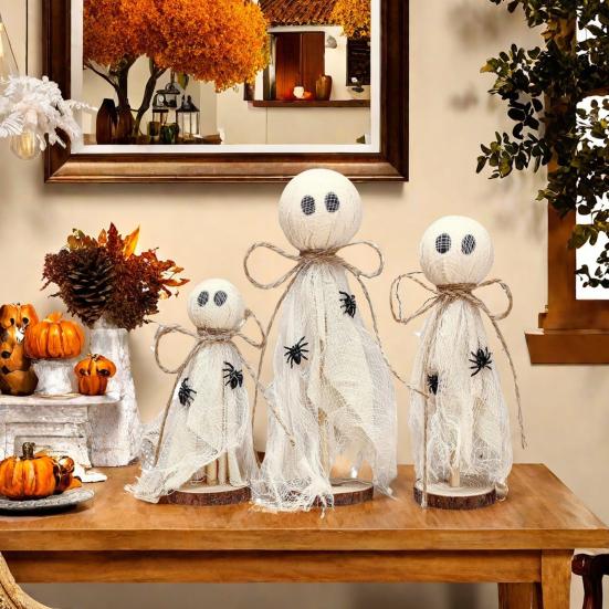 3Pcs Rustic Halloween Ghost Decor Handcrafted Wooden And Fabric Ghost Figurines 3 Sizes Farmhouse Style Shelf Decorations Party Supplies