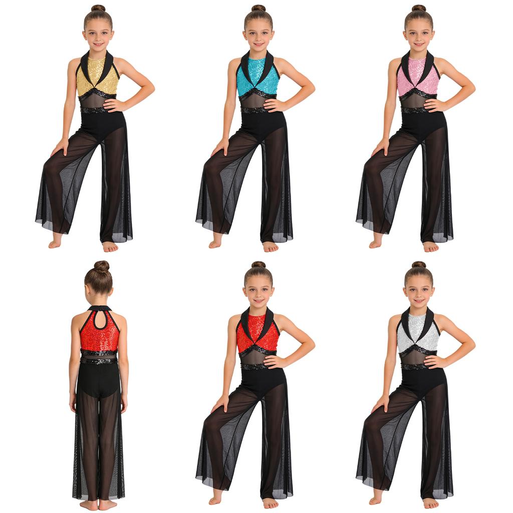 Tuta da ballo per bambini senza maniche con schiena a buco, pantaloni a gamba larga, patchwork di paillettes a blocchi di colore, tuta in rete con pantaloncini integrati