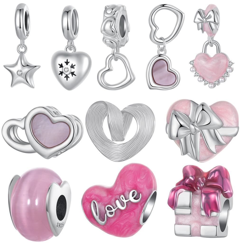 Heart Series Beaded Combination Diy Bracelet Accessories 925 Silver Light Luxury Jewelry Pink Valentine'S Day Gift