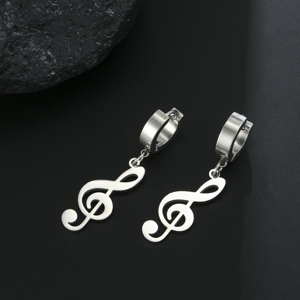 My Shape Fashion Music Note Pendant Earrings for Men Women Stainless Steel Circle Clip Earring Punk Jewelry for Party Concert